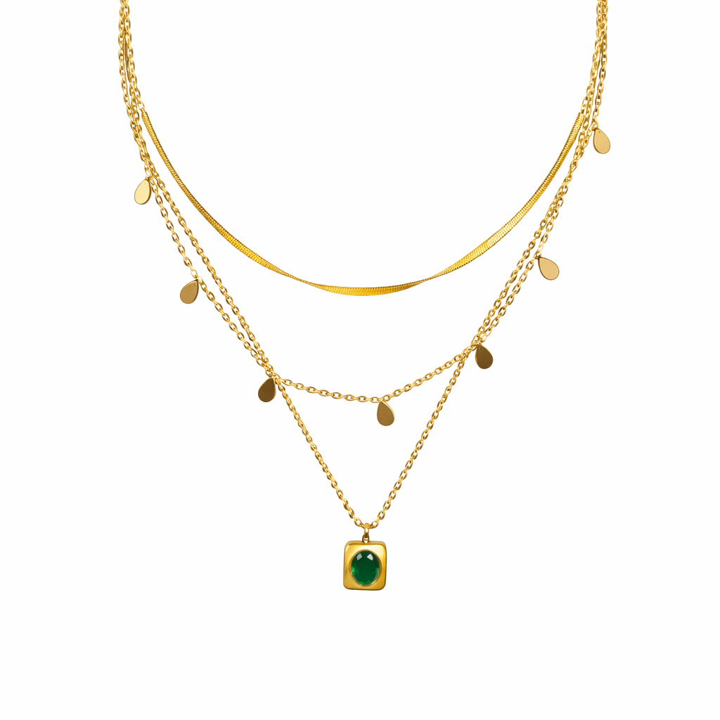 LKK011 Κολιέ από τιτάνιο τριπλό με πράσινη πέτρα - Image 1