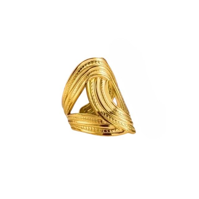 Ατσάλινο δαχτυλίδι με ανάγλυφες χρυσές καμπύλες - Image 1